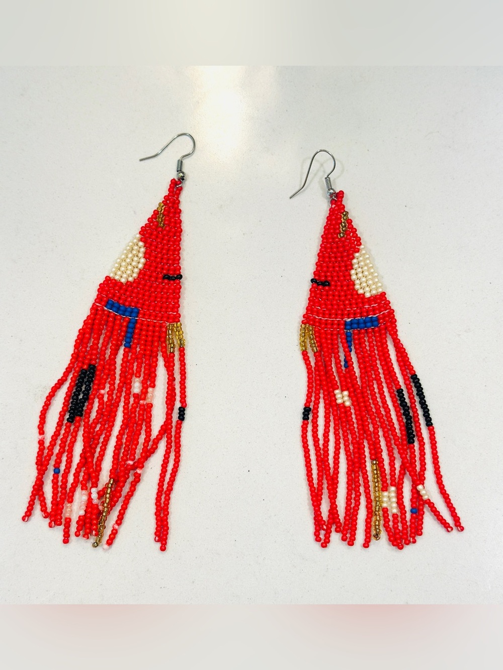 Red Seed Bead Fringe Earrings Boho Tribal Statement Long Dangle Festival